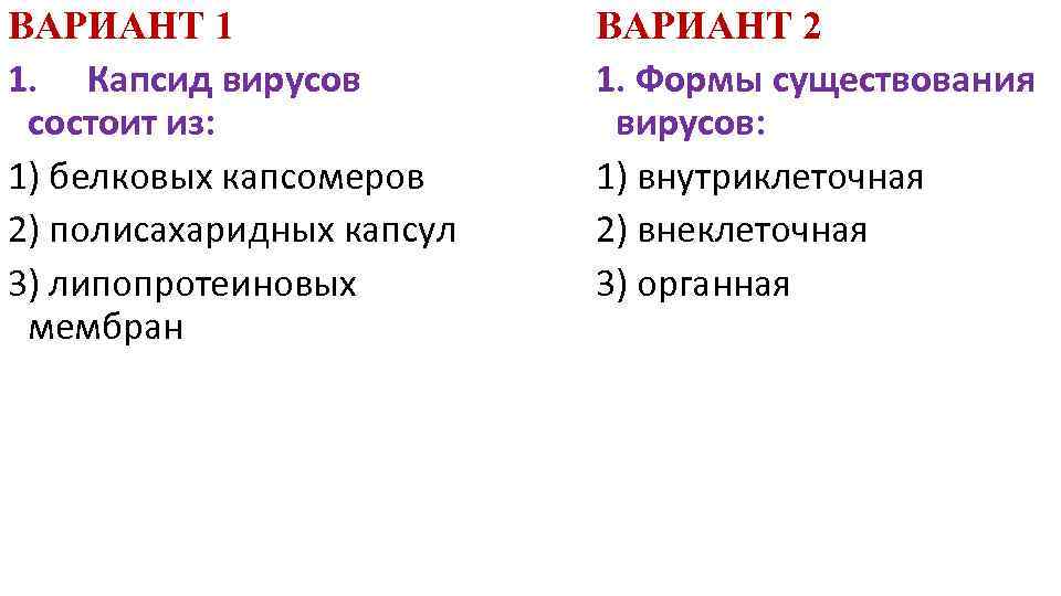 ВАРИАНТ 1 1. Капсид вирусов состоит из: 1) белковых капсомеров 2) полисахаридных капсул 3)