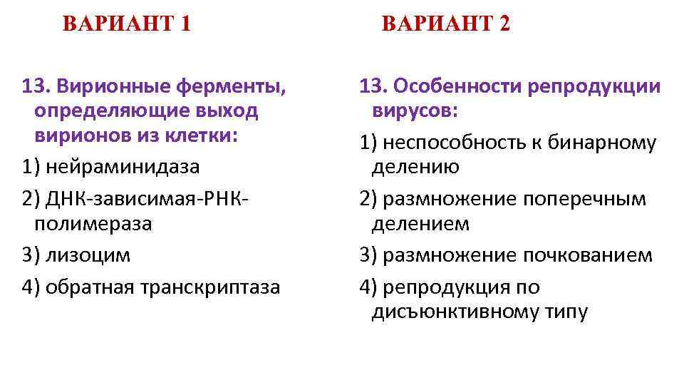 ВАРИАНТ 1 13. Вирионные ферменты, определяющие выход вирионов из клетки: 1) нейраминидаза 2) ДНК-зависимая-РНКполимераза