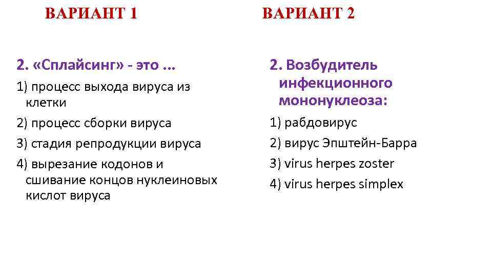 ВАРИАНТ 1 2. «Сплайсинг» это. . . 1) процесс выхода вируса из клетки 2)