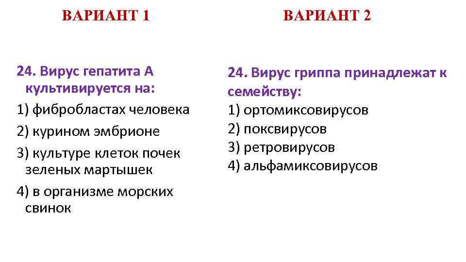 ВАРИАНТ 1 24. Вирус гепатита А культивируется на: 1) фибробластах человека 2) курином эмбрионе