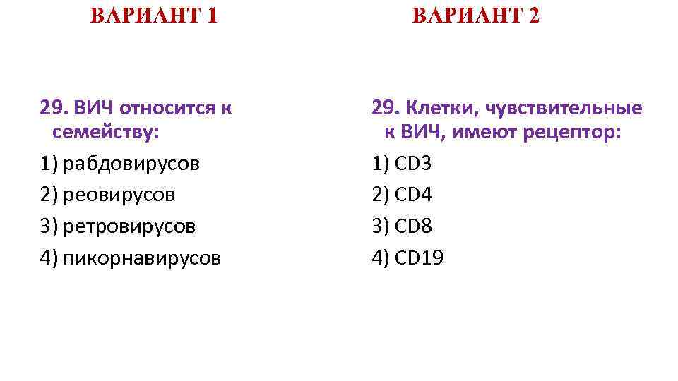 ВАРИАНТ 1 29. ВИЧ относится к семейству: 1) рабдовирусов 2) реовирусов 3) ретровирусов 4)