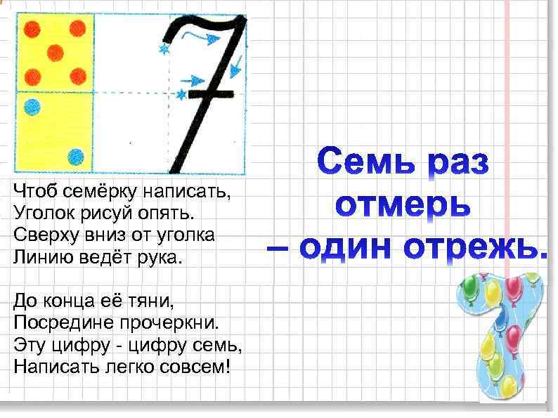 Чтоб семёрку написать, Уголок рисуй опять. Сверху вниз от уголка Линию ведёт рука. До
