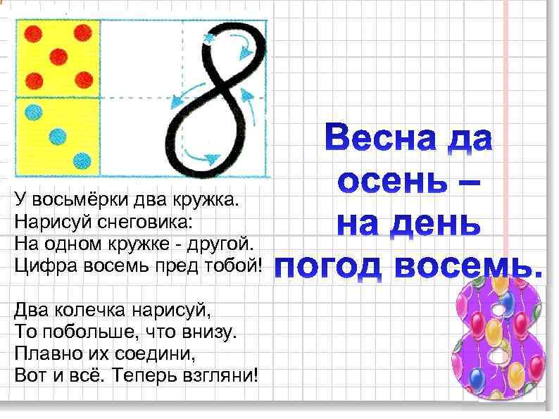 У восьмёрки два кружка. Нарисуй снеговика: На одном кружке - другой. Цифра восемь пред