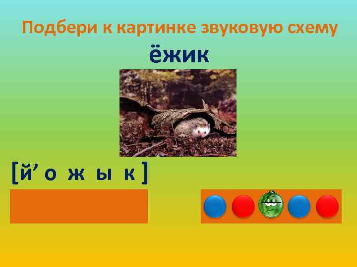 Подбери к картинке звуковую схему ёжик [й’ о ж ы к ] 
