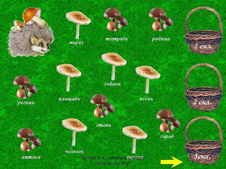 мороз тетрадь родина 1 скл. собака ученик площадь осень 2 скл. степь город аптека