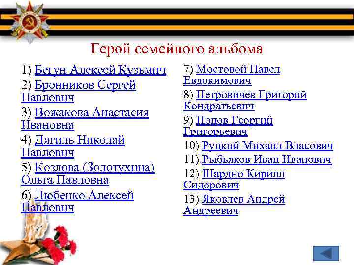 Герой семейного альбома 1) Бегун Алексей Кузьмич 2) Бронников Сергей Павлович 3) Вожакова Анастасия