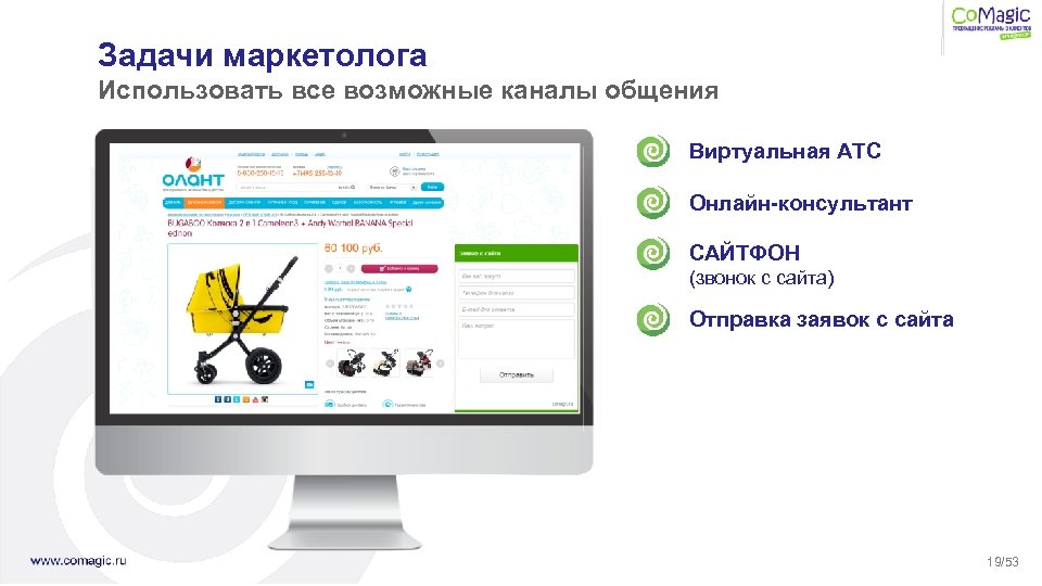 Задачи маркетолога Использовать все возможные каналы общения Виртуальная АТС Онлайн-консультант САЙТФОН (звонок с сайта)