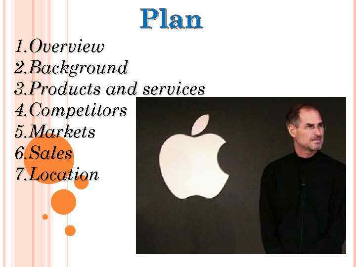 Plan 1. Overview 2. Background 3. Products and services 4. Competitors 5. Markets 6.