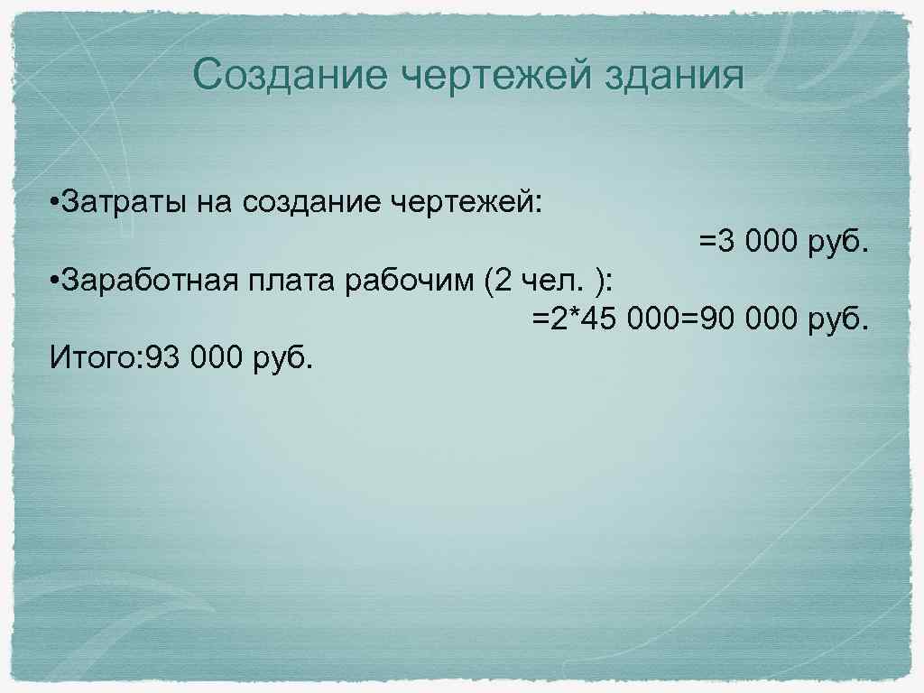 Создание чертежей здания • Затраты на создание чертежей: =3 000 руб. • Заработная плата
