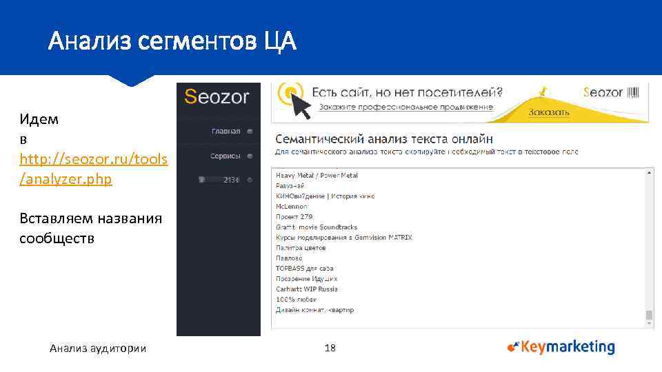 Анализ сегментов ЦА Идем в http: //seozor. ru/tools /analyzer. php Вставляем названия сообществ Анализ