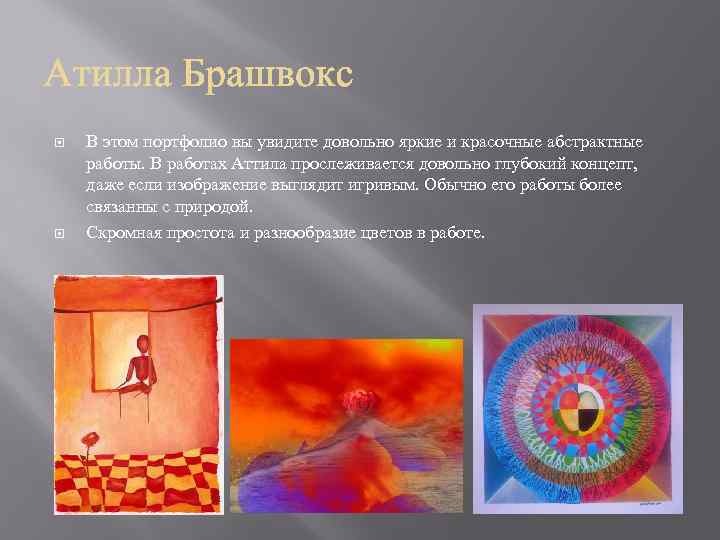  В этом портфолио вы увидите довольно яркие и красочные абстрактные работы. В работах