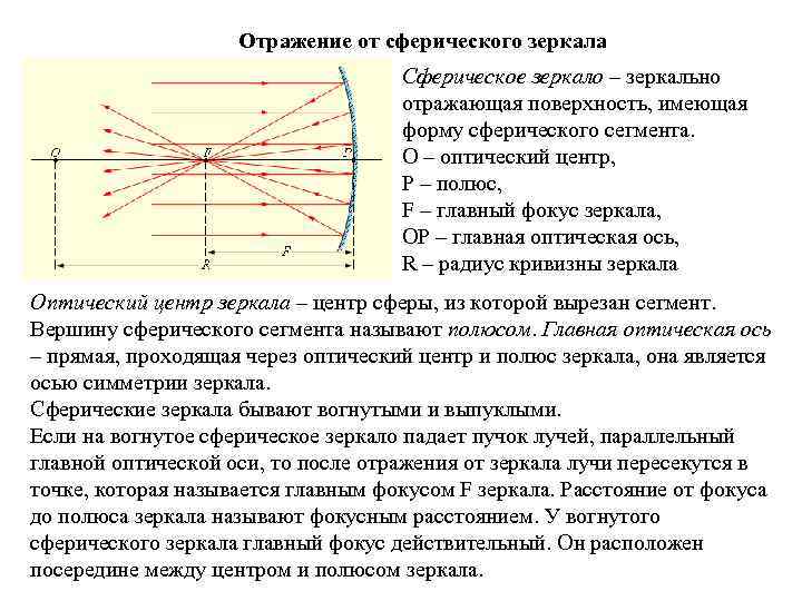 Отражение от сферического зеркала Сферическое зеркало – зеркально отражающая поверхность, имеющая форму сферического сегмента.