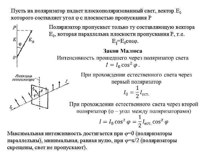 Плоскость колебаний электромагнитной волны. Интенсивность линейно поляризованного света. Свет падает на поляризатор. Плоскость поляризатора. Плоскополяризованный свет.