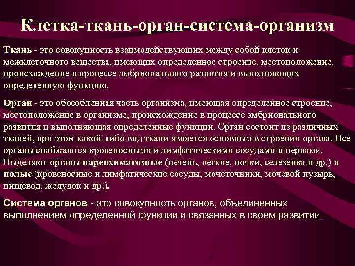 Клетка-ткань-орган-система-организм Ткань - это совокупность взаимодействующих между собой клеток и межклеточного вещества, имеющих определенное