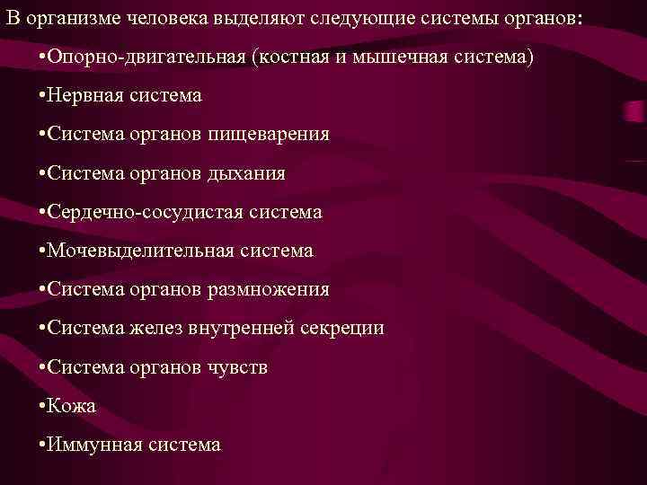 В организме человека выделяют следующие системы органов: • Опорно-двигательная (костная и мышечная система) •