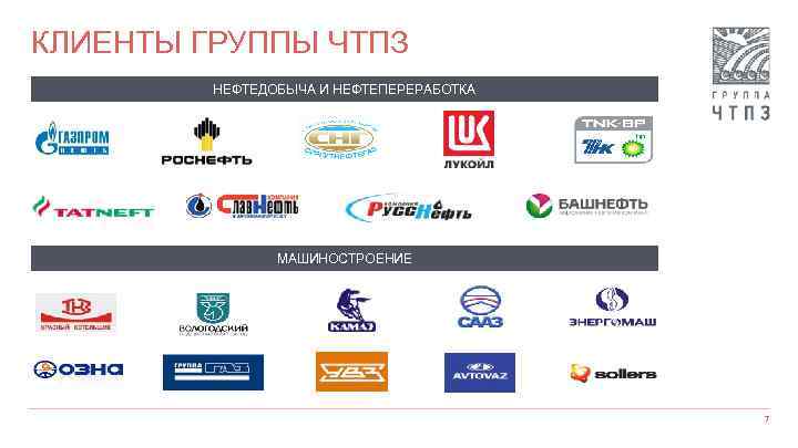 КЛИЕНТЫ ГРУППЫ ЧТПЗ НЕФТЕДОБЫЧА И НЕФТЕПЕРЕРАБОТКА МАШИНОСТРОЕНИЕ 7 