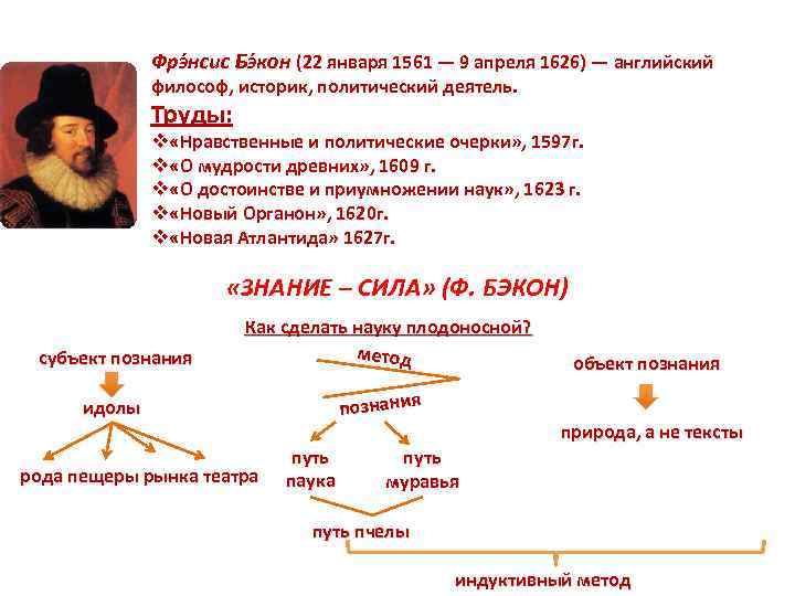 Фрэ нсис Бэ кон (22 января 1561 — 9 апреля 1626) — английский философ,