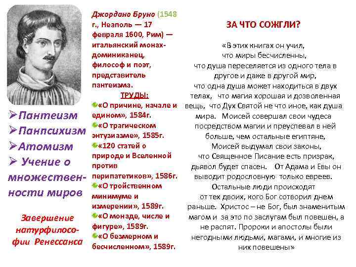 ØПантеизм ØПанпсихизм ØАтомизм Ø Учение о множественности миров Завершение натурфилософии Ренессанса Джордано Бруно (1548