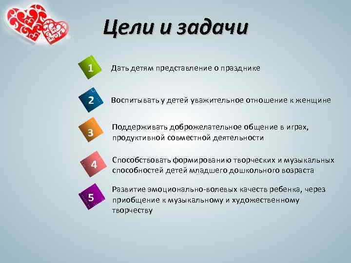 Цели и задачи 1 Дать детям представление о празднике 2 Воспитывать у детей уважительное