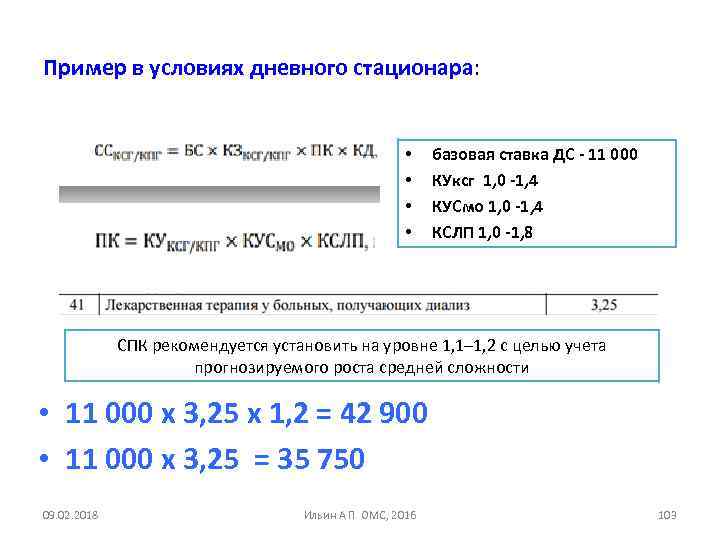 Пример в условиях дневного стационара: • • базовая ставка ДС - 11 000 КУксг