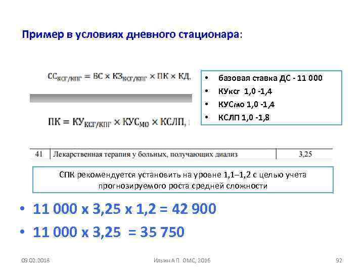 Пример в условиях дневного стационара: • • базовая ставка ДС - 11 000 КУксг