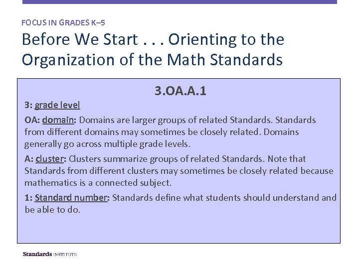 FOCUS IN GRADES K– 5 Before We Start. . . Orienting to the Organization