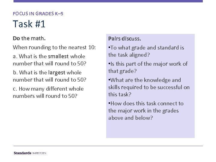 FOCUS IN GRADES K– 5 Task #1 Do the math. Pairs discuss. When rounding