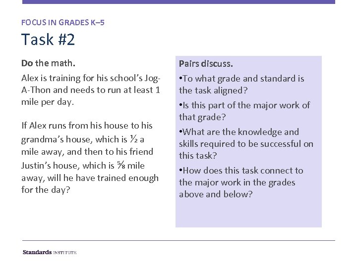 FOCUS IN GRADES K– 5 Task #2 Do the math. Pairs discuss. Alex is