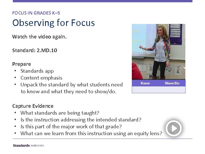 FOCUS IN GRADES K– 5 Observing for Focus Watch the video again. Standard: 2.
