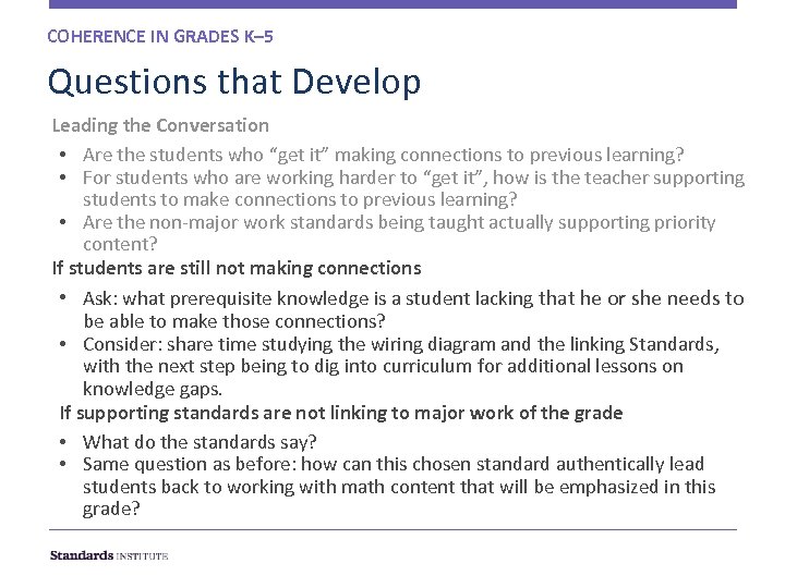 COHERENCE IN GRADES K– 5 Questions that Develop Leading the Conversation • Are the