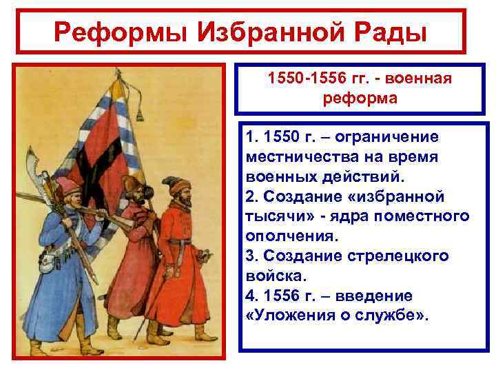 Реформы Избранной Рады 1550 -1556 гг. - военная реформа 1. 1550 г. – ограничение