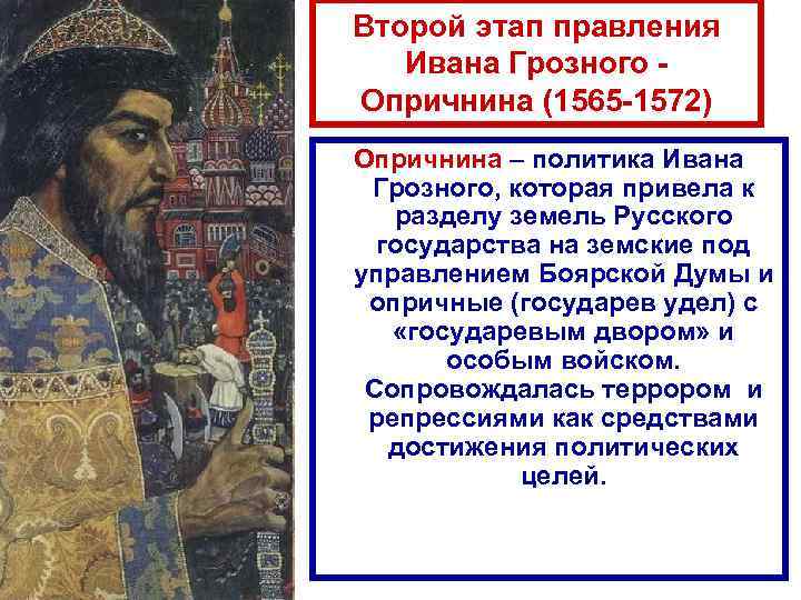 Второй этап правления Ивана Грозного - Опричнина (1565 -1572) Опричнина – политика Ивана Грозного,