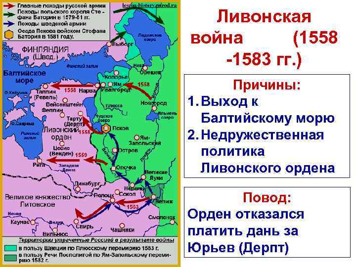 Ливонская война (1558 -1583 гг. ) Причины: 1. Выход к Балтийскому морю 2. Недружественная