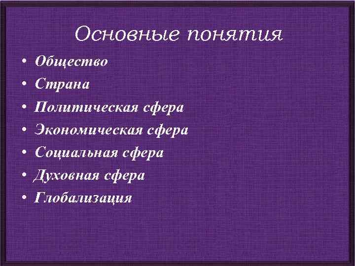 Основные понятия • • Общество Страна Политическая сфера Экономическая сфера Социальная сфера Духовная сфера