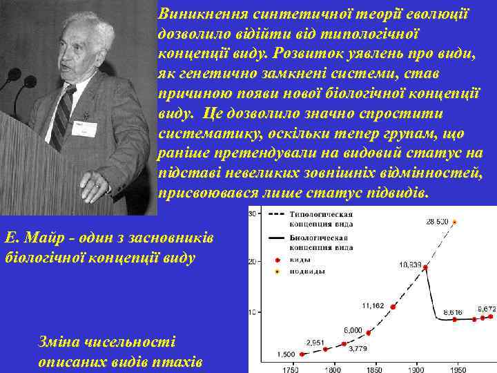 Виникнення синтетичної теорії еволюції дозволило відійти від типологічної концепції виду. Розвиток уявлень про види,