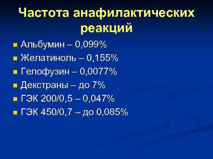 Частота анафилактических реакций Альбумин – 0, 099% n Желатиноль – 0, 155% n Гелофузин