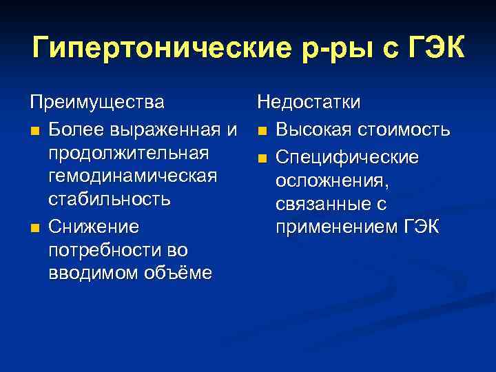 Гипертонические р-ры с ГЭК Преимущества Недостатки n Более выраженная и n Высокая стоимость продолжительная