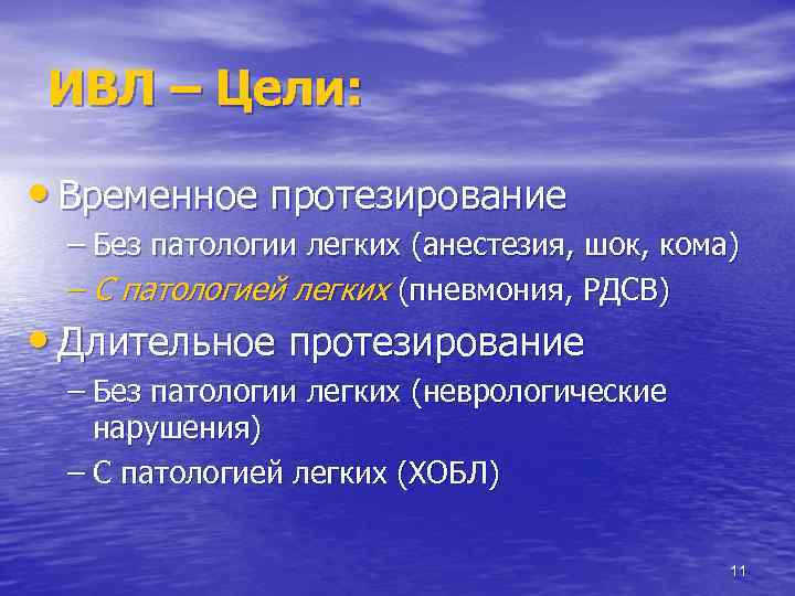 ИВЛ – Цели: • Временное протезирование – Без патологии легких (анестезия, шок, кома) –