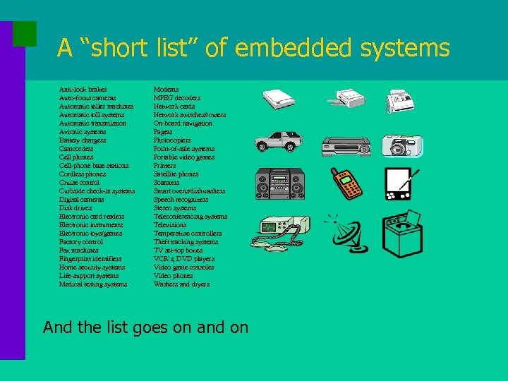 A “short list” of embedded systems Anti-lock brakes Auto-focus cameras Automatic teller machines Automatic