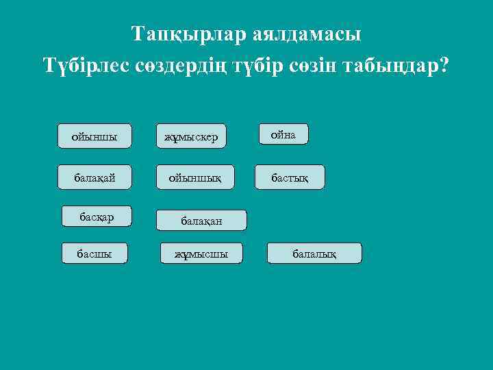 Тапқырлар аялдамасы Түбірлес сөздердің түбір сөзін табыңдар? ойыншы жұмыскер балақай ойыншық басқар балақан басшы