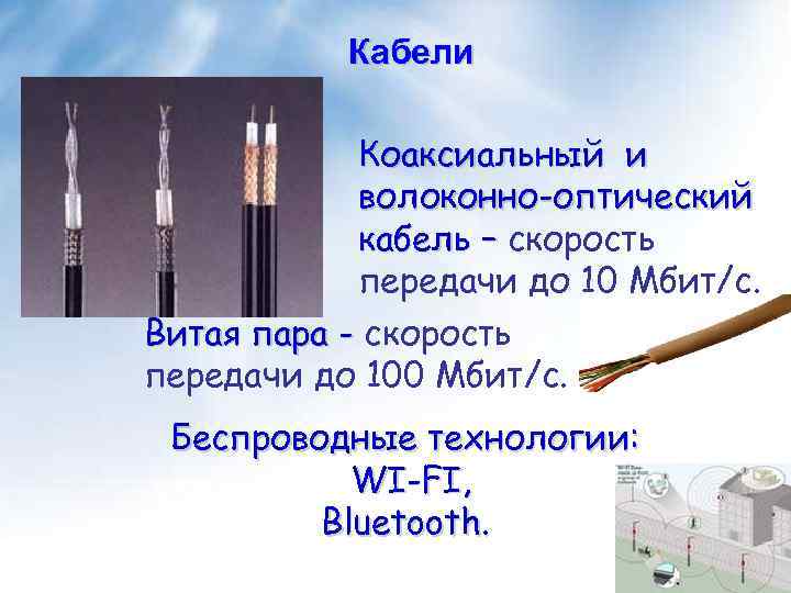 Кабели Коаксиальный и волоконно-оптический кабель – скорость передачи до 10 Мбит/с. Витая пара -