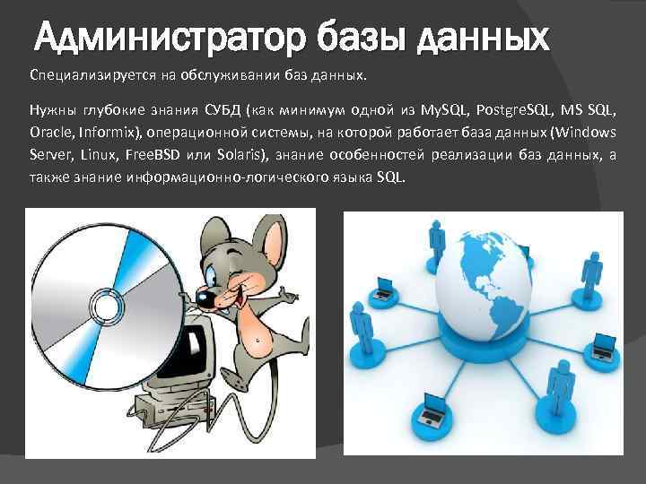 Администратор базы данных Специализируется на обслуживании баз данных. Нужны глубокие знания СУБД (как минимум