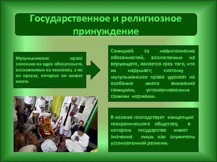 Государственное и религиозное принуждение Мусульманское право основано на идее обязательств, возложенных на человека, а