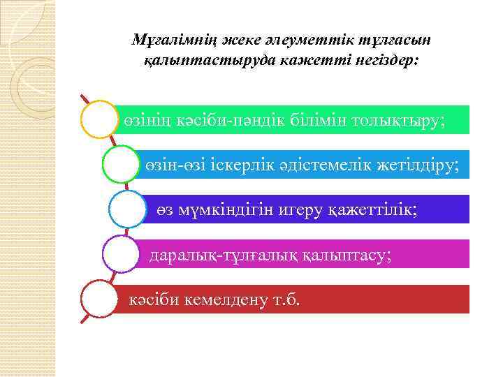 Мұғалімнің жеке әлеуметтік тұлғасын қалыптастыруда кажетті негіздер: өзінің кәсіби-пәндік білімін толықтыру; өзін-өзі іскерлік әдістемелік