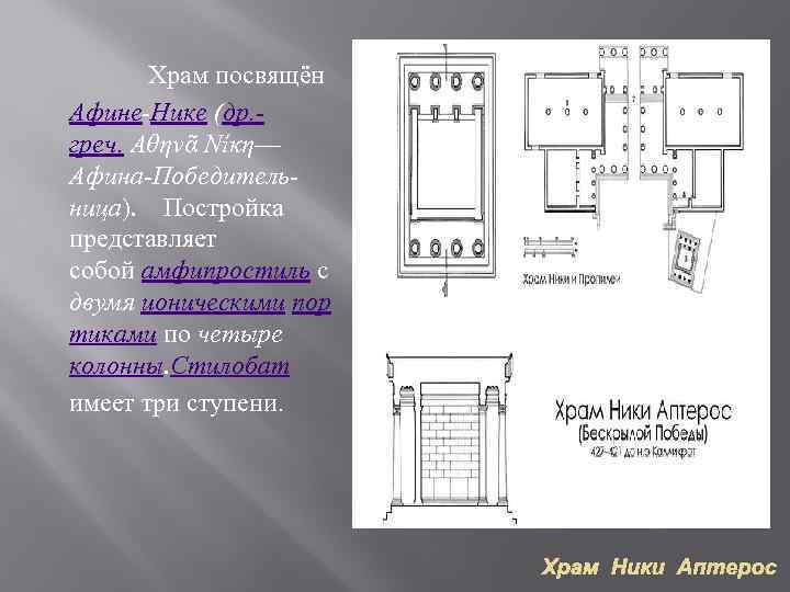 Храм посвящён Афине-Нике (др. греч. Αθηνᾶ Νίκη— Афина-Победительница). Постройка представляет собой амфипростиль с двумя