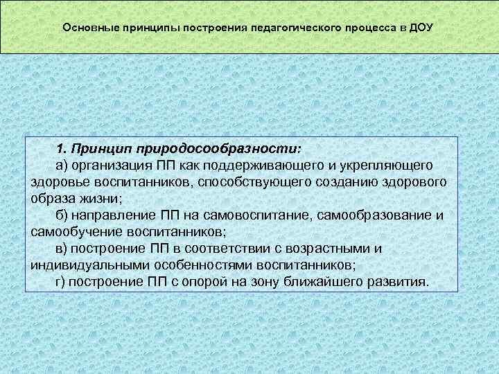 Основные принципы построения педагогического процесса в ДОУ 1. Принцип природосообразности: а) организация ПП как