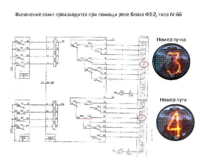 Включение ламп производится при помощи реле блока ФЗ-2, типа IV-66 Номер пучка Номер пути