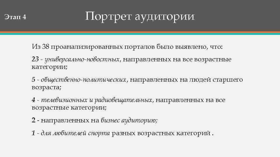 Этап 4 Портрет аудитории Из 38 проанализированных порталов было выявлено, что: 23 - универсально-новостных,