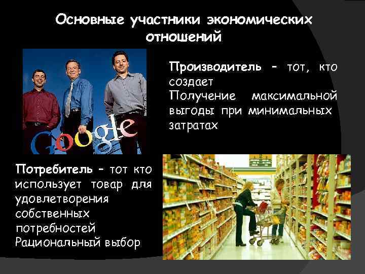 Основные участники экономических отношений Производитель – тот, кто создает Получение максимальной выгоды при минимальных