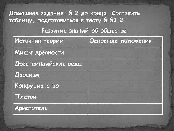 Домашнее задание: § 2 до конца. Составить таблицу, подготовиться к тесту § § 1,